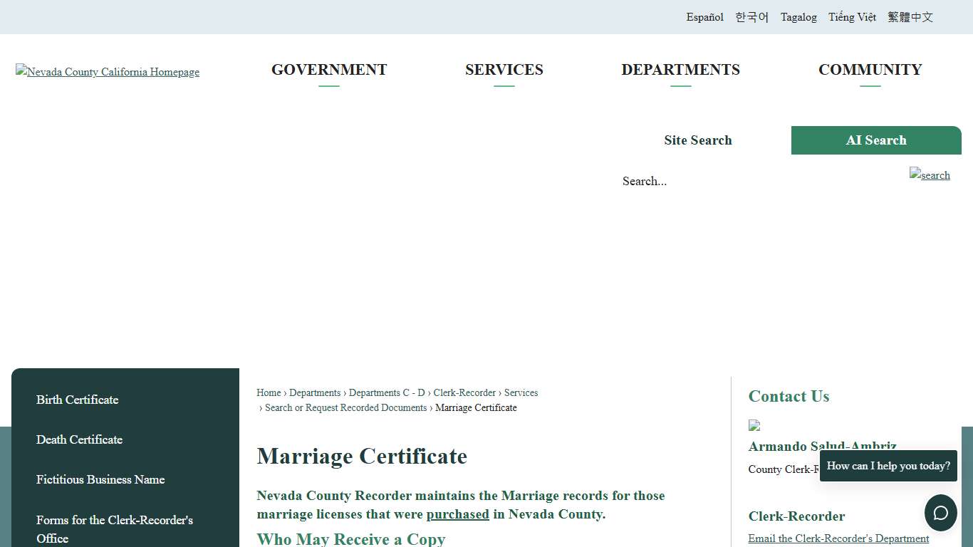 Marriage Certificate Nevada County, CA
