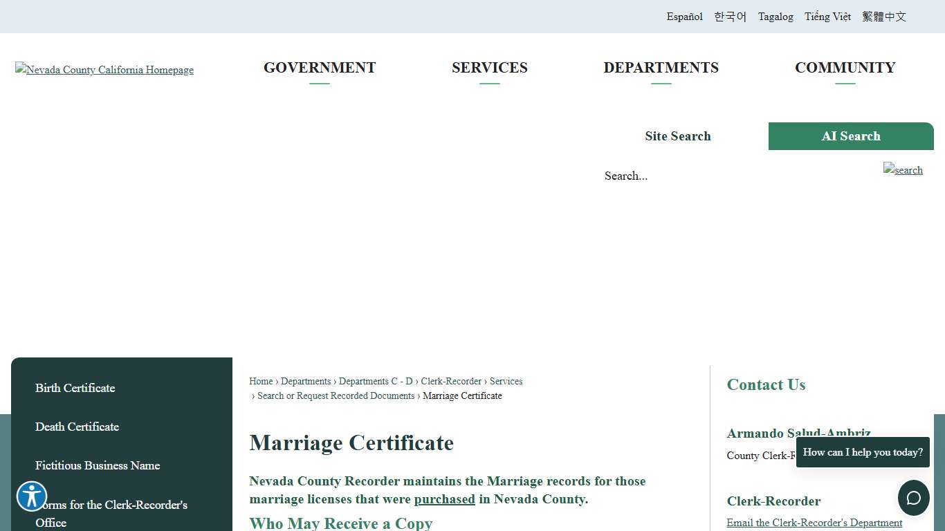 Marriage Certificate Nevada County, CA